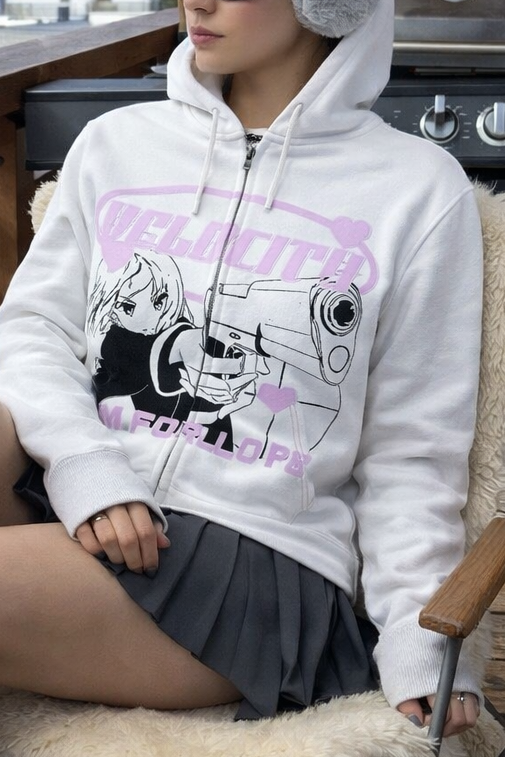Anime Print Gothic Streetwear Black Zip Hoodie