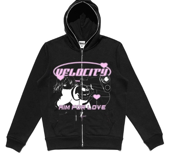 Anime Print Gothic Streetwear Black Zip Hoodie