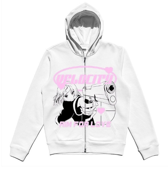 Anime Print Gothic Streetwear Black Zip Hoodie